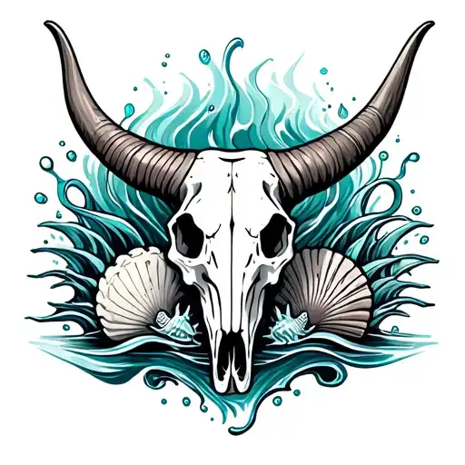 A Longhorn Skull With Water Waves And Seashells