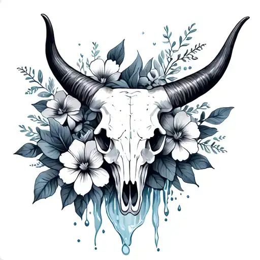 A Feminine Longhorn Skull With Water And Flowers