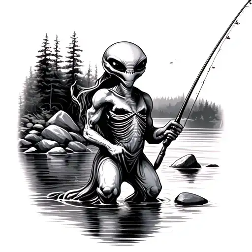 Alien With Fishing Rod In Hand And In The Backround River And River Rocks