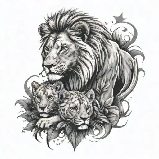 Sleeve Tattoo Featuring A Lion And Cub With A Star