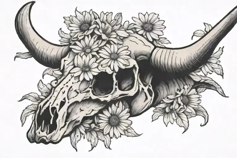 Longhorn Cow Skull Surrounded By Daisy Flower