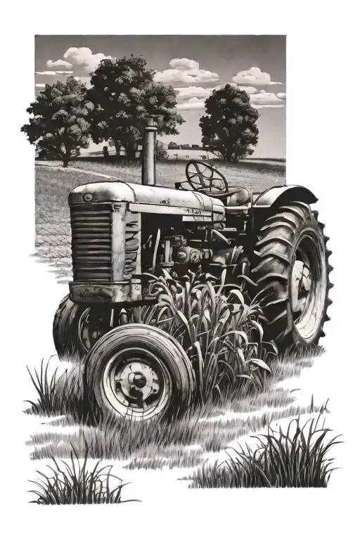 A Detailed Tractor Tattoo With A Field Of Crops In The Background