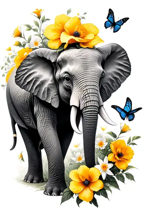 Elephant With Poppys And Yellow Roses Surronded With Butterflies And Narcissus Flowers