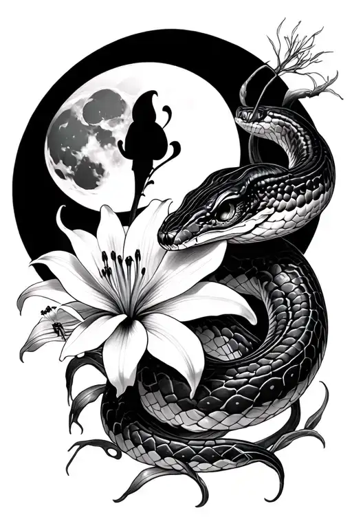 A Semi-realistic Snake Combined With A Moon And Shadow Background And A Spider Lilly Flower
