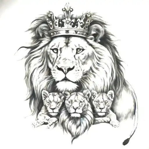 Lion And Lioness With Crown And Their 4 Cubs Playing