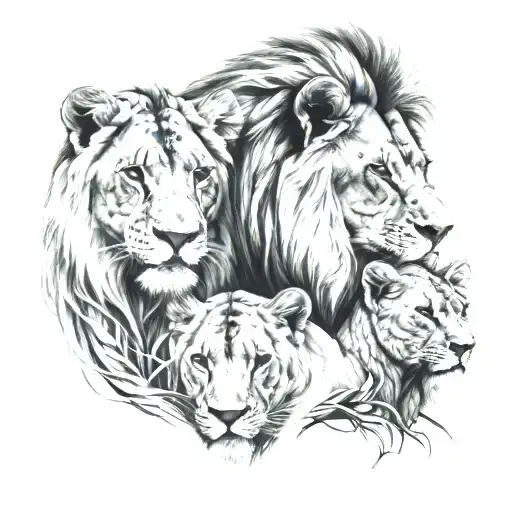 Lion And Lioness With 4 Cubs Below