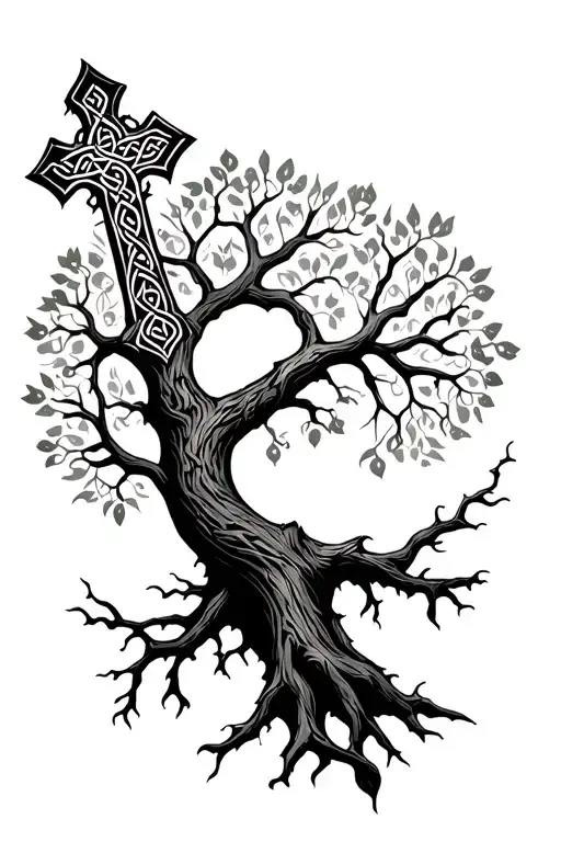 Tree Of Life Surrounded By Celtic Cross Surrounded Lighting
