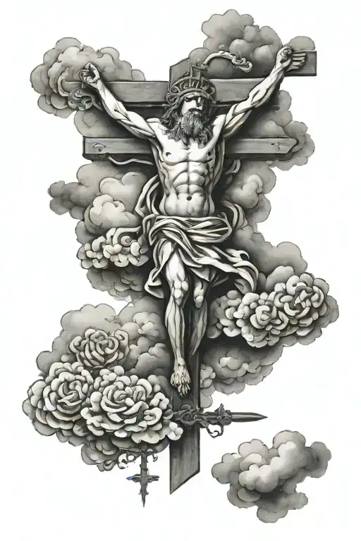 Christian God On Cross And Clouds Surrounding
