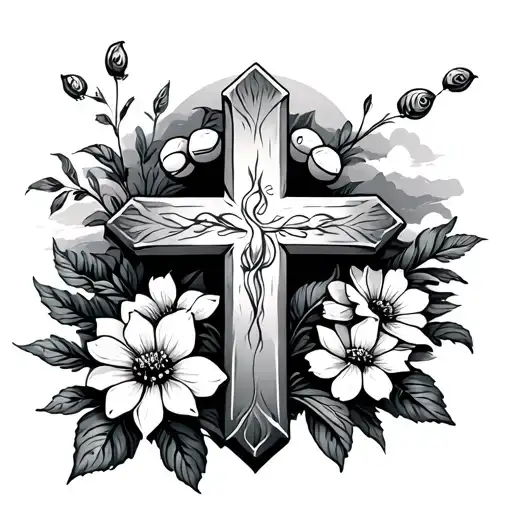 Cross With Dates Inside And In The Background Is A Sky With Flowers