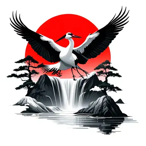 Japanese Cranes Flying With Red Sun Waterfalls And Mountains