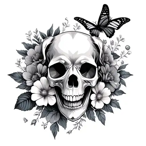 Dog Skull Flowers Monarch Butterfly