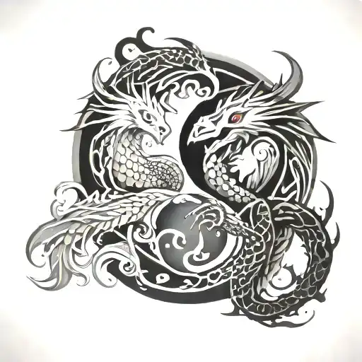 Phoenix And Dragon In A Yin And Yang Symbol