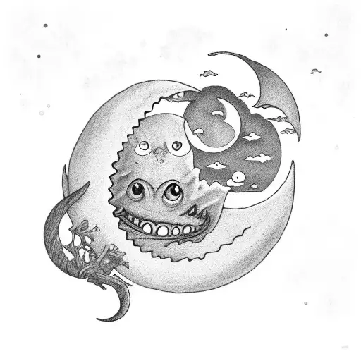 Crescent Moon With Cute Monster Peaking From Behind