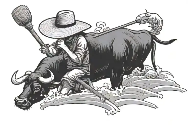 Straw Hat Kid Farmer Sitting On Water Buffalo Playing The Flute