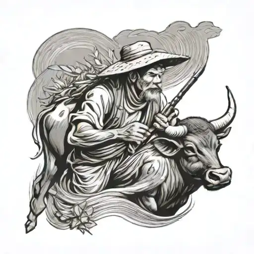 Straw Hat Farmer Playing Flute With Water Buffalo