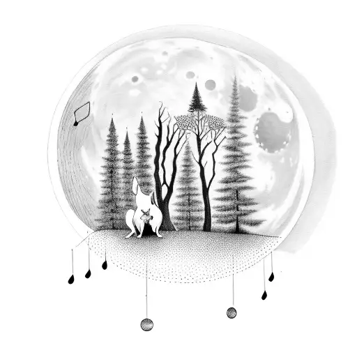 A Moonlit Forest With A Dog Sitting Peacefully And Musical Notes Floating In The Air