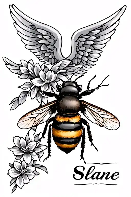 Memorial Tattoo With Bee And Angel Wings And Name Sloane