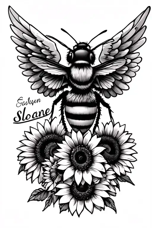 Memorial Tattoo With Bee And Angel Wings And Name Sloane And Sunflowers