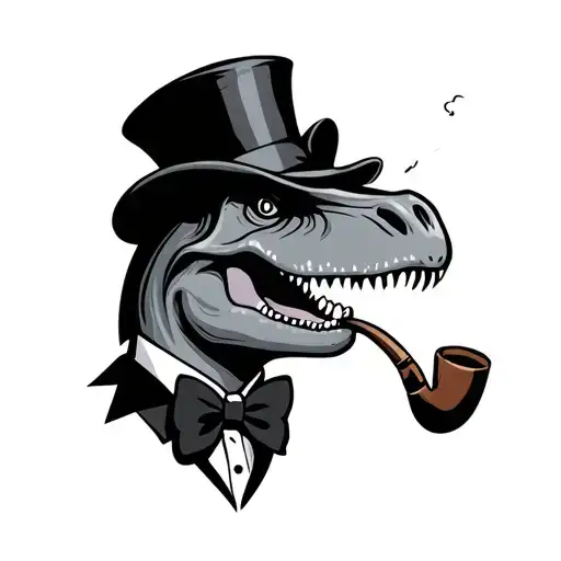 Cartoon Cheerful T Rex With Thick Black Eyebrows Wearing A Top Hat And Bow Tie Smoking A Pipe