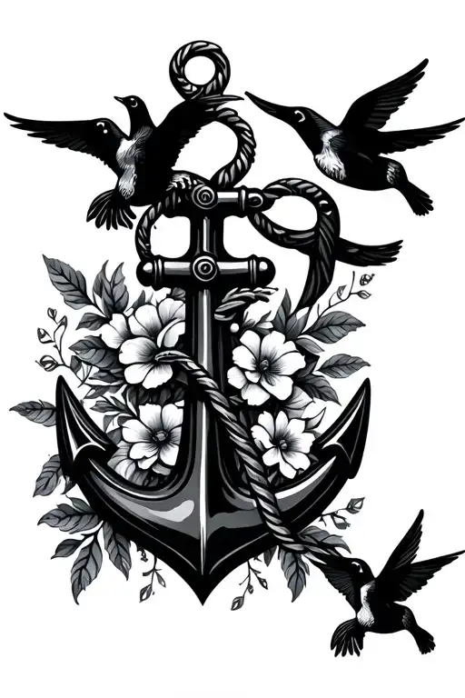 Anchor With Three Swallows And Florals