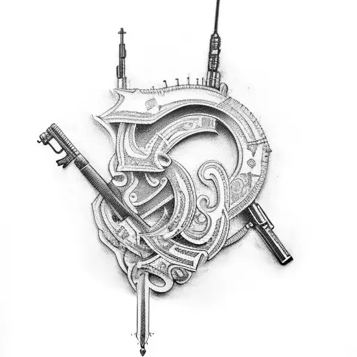 Create A Detailed Tattoo Of A Gun With Intricate Christian Symbolism Incorporated