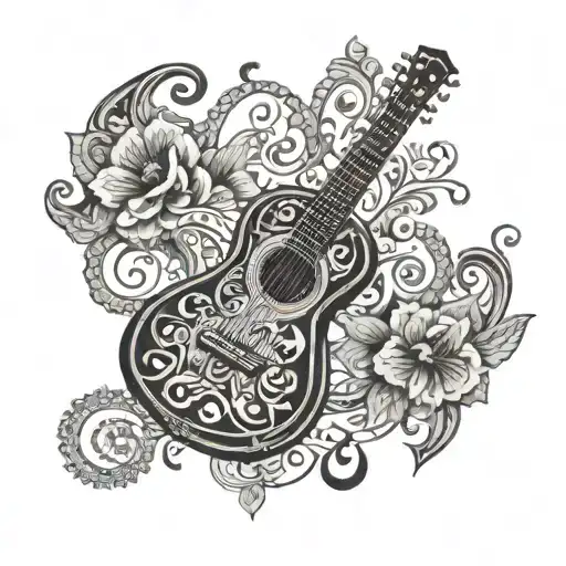 A Guitar With Intricate Floral Patterns And Ankh Symbol