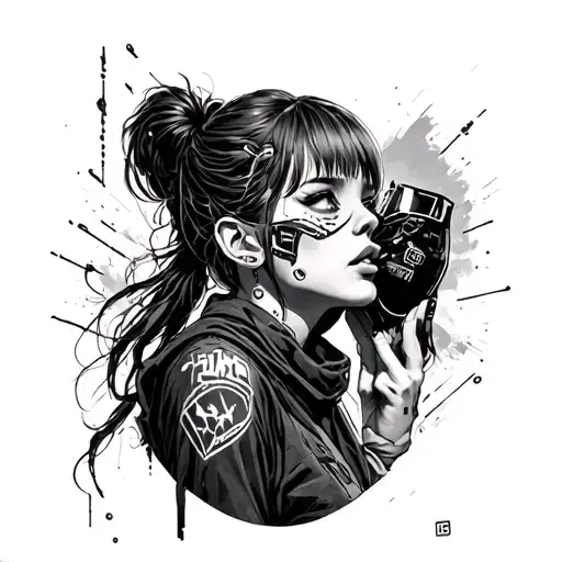 Cyberpunk Inspired Tattoo Featuring Girl Taking Off Mask