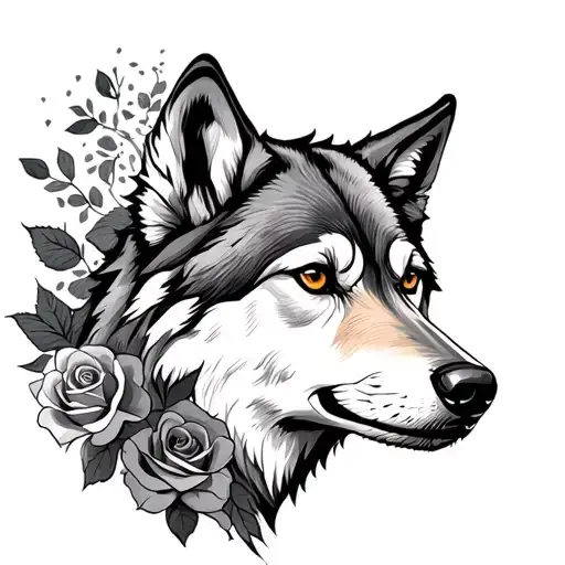 Wolf With Roses Front Sleeve Tattoo Design