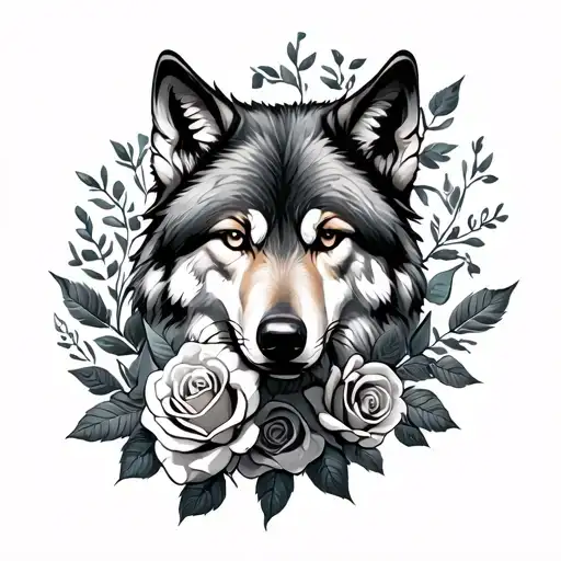 Wolf With Roses Growing