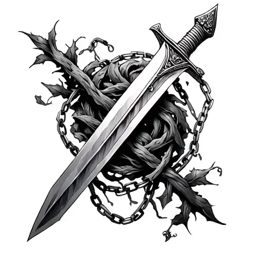 Sword Wrapped In Vines With Broken Chains
