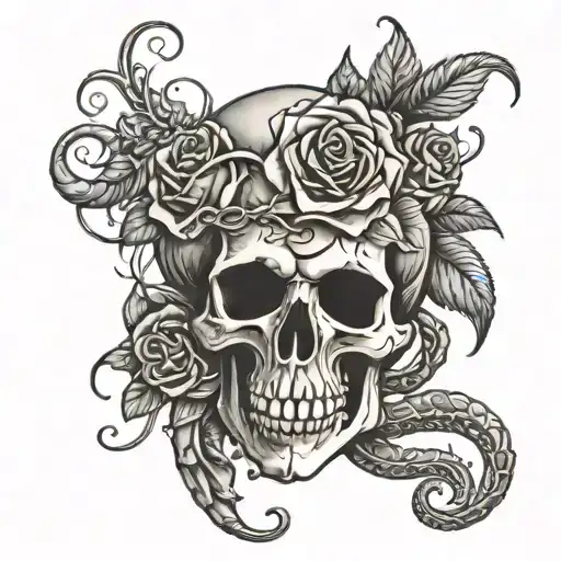Skull With 4 Snakes And Vines And Roses Growing