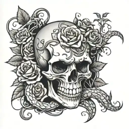 Skull With 4 Snakes And Vines And Roses Growing Sleve