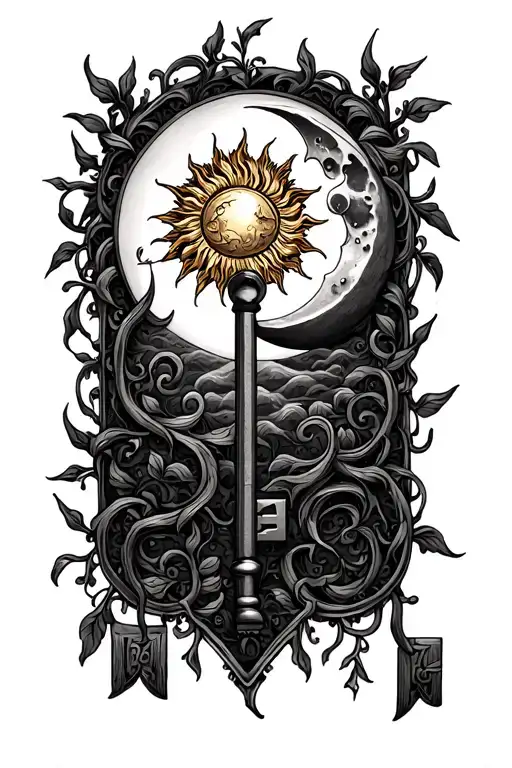 An Old Key With Vines Around And Moon And Sun