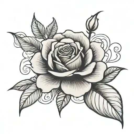 A Black-grey Tattoo Of A Beautiful Rose With The Name 'Rosangel' Incorporated Into The Design