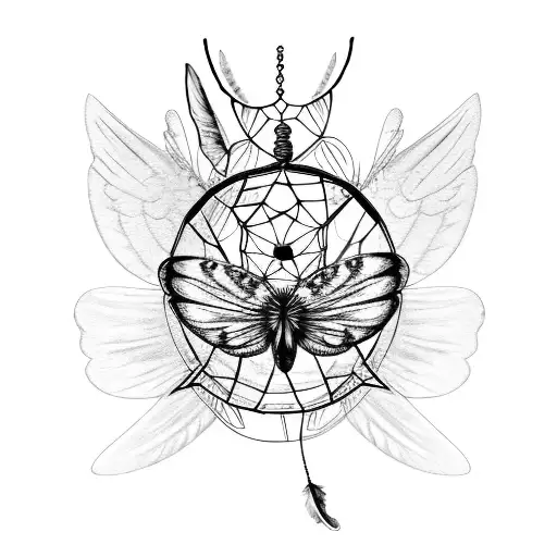 High Contrast Dream Catcher With Butterfly Wings And Dangling Feather