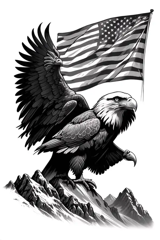 Mountains With Bald Eagle And American Flag Waving