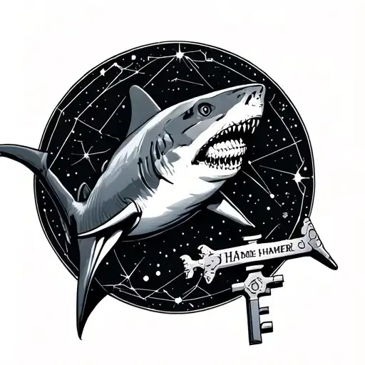 Hammerhead Shark Swimming Around A Constellation Inspired Skeleton Key