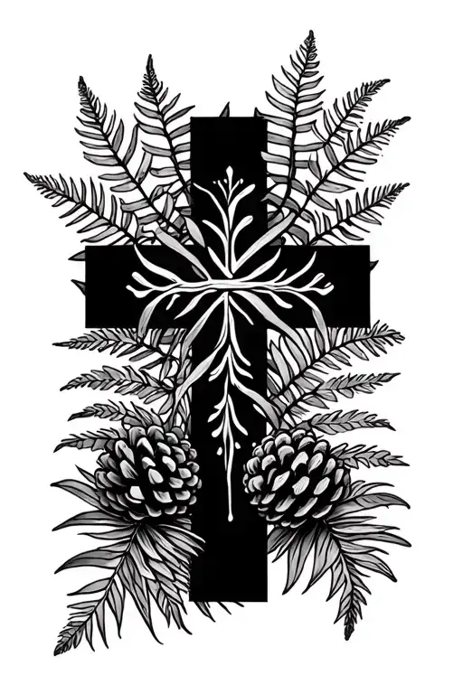 Line Cross With Ferns And Pine Cones