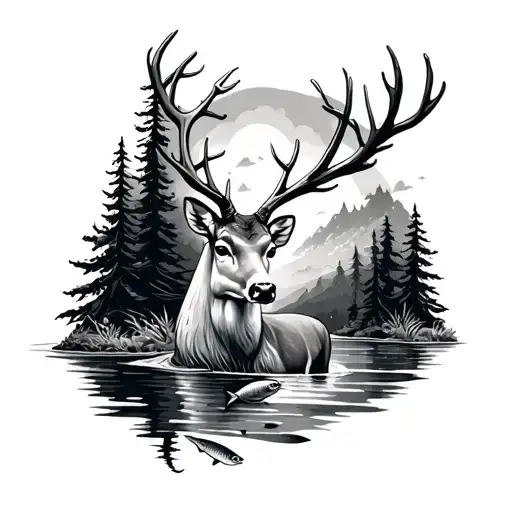 Deer And Forest And Fish Swimming Gracefully