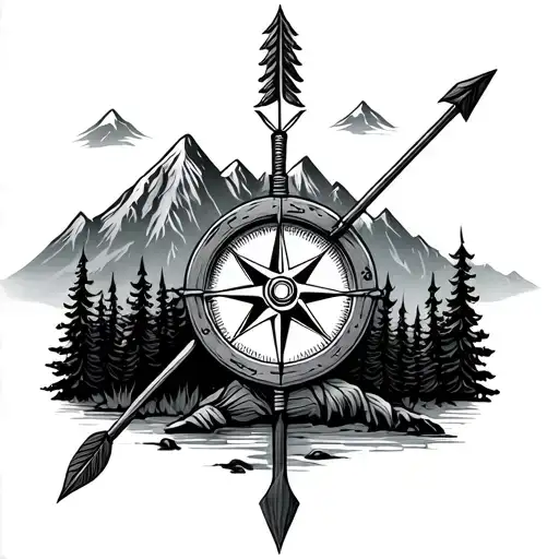 Hunting Arrow Compass With A Forest And Mountains
