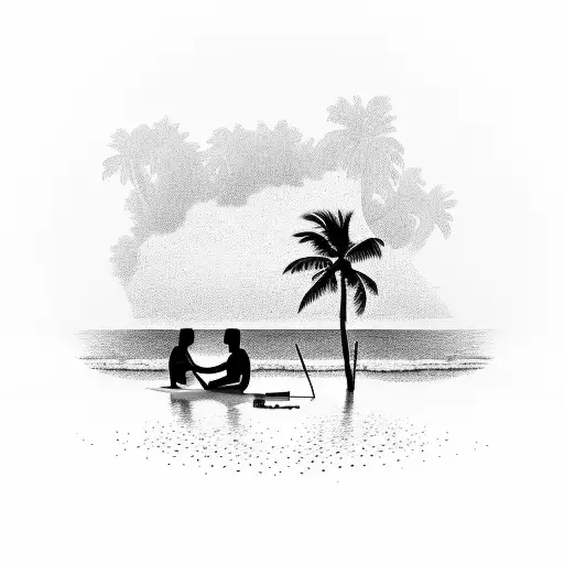 A Serene Beach Scene At Sunset With Palm Trees And A Silhouette Of A Musician Playing An Instrument