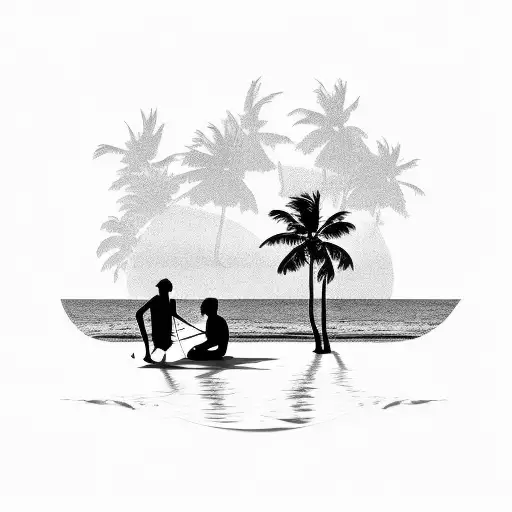 A Serene Beach Scene At Sunset With Palm Trees And A Silhouette Of A Musician Playing An Instrument