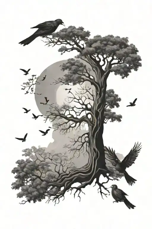 Shoulder Tree With Birds Flying To A Wing On Back