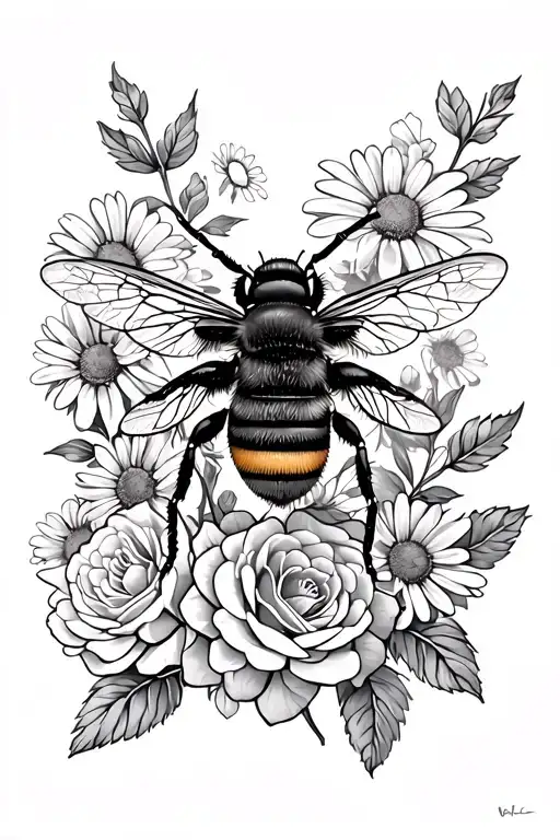 Manchester Bee With Roses And Daisies And Peonies Growing