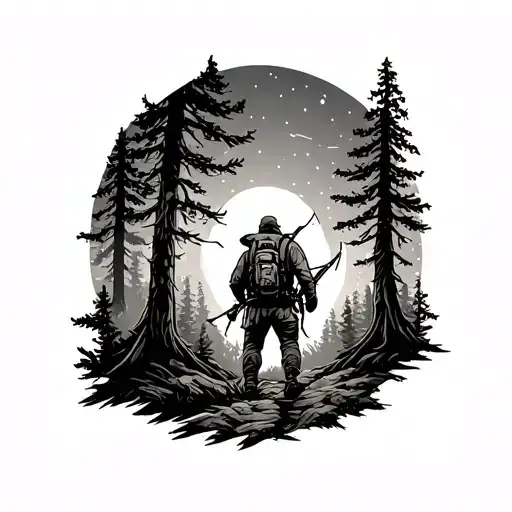 Bow Hunter Hiking Through A Forest At First Light