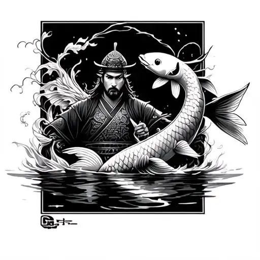 Samurai Warrior And Koi Fish Swimming