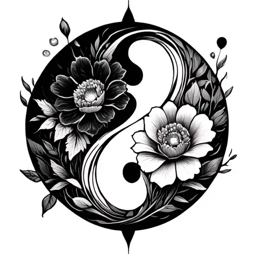 Line Art Yin Tattoo With Flower Elements Inside The Symbols For Two Best Friends