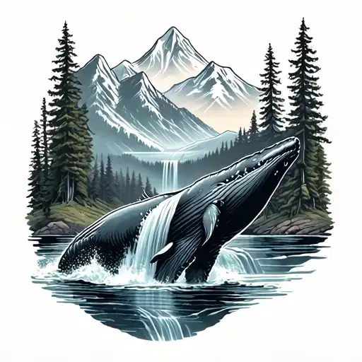 Bear Humpback Whale Mountain Waterfall Forest