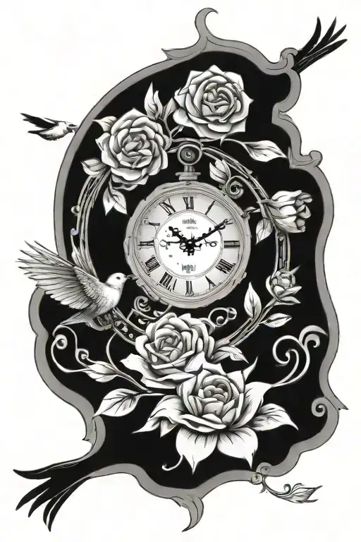 Clock Face Flowers Bird Flying Away