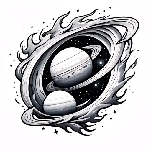 Galaxy With Planets Inside And Flames